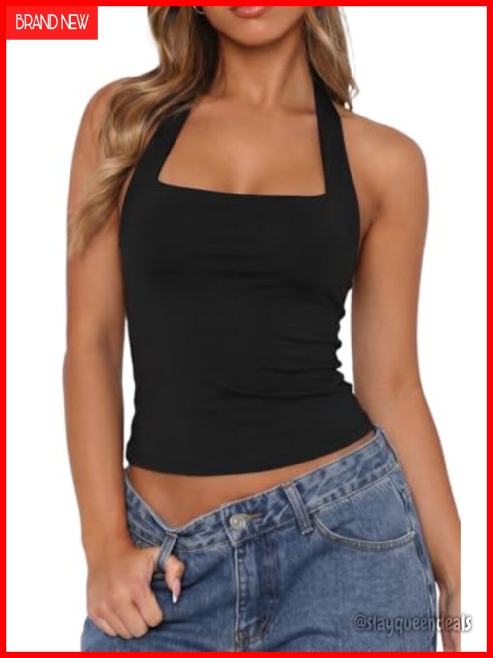 Womens Halter Tank Top Button Closure Cropped Cami Sleeveless